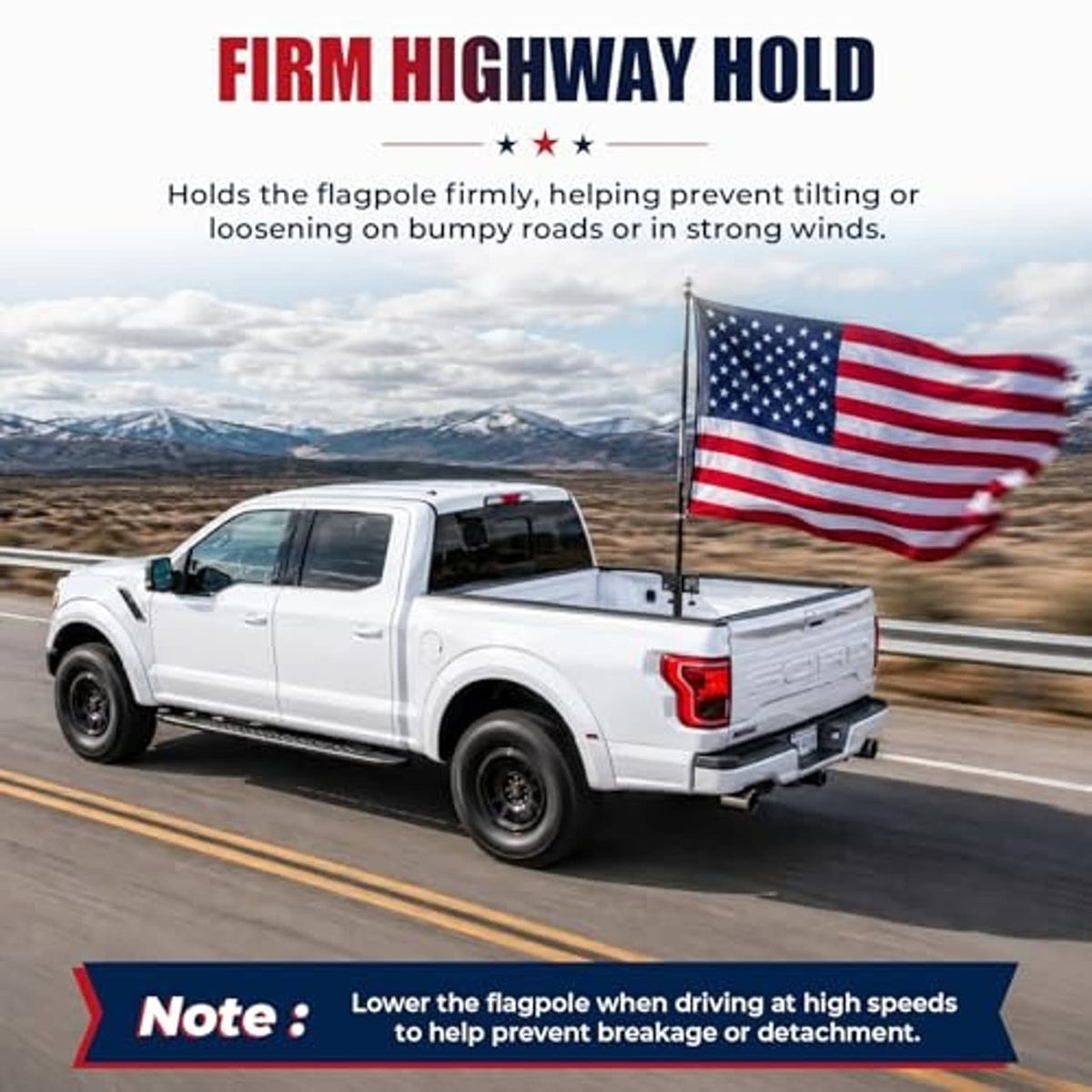 Truck pickup bed with black flag pole mount kit holding an American flag.