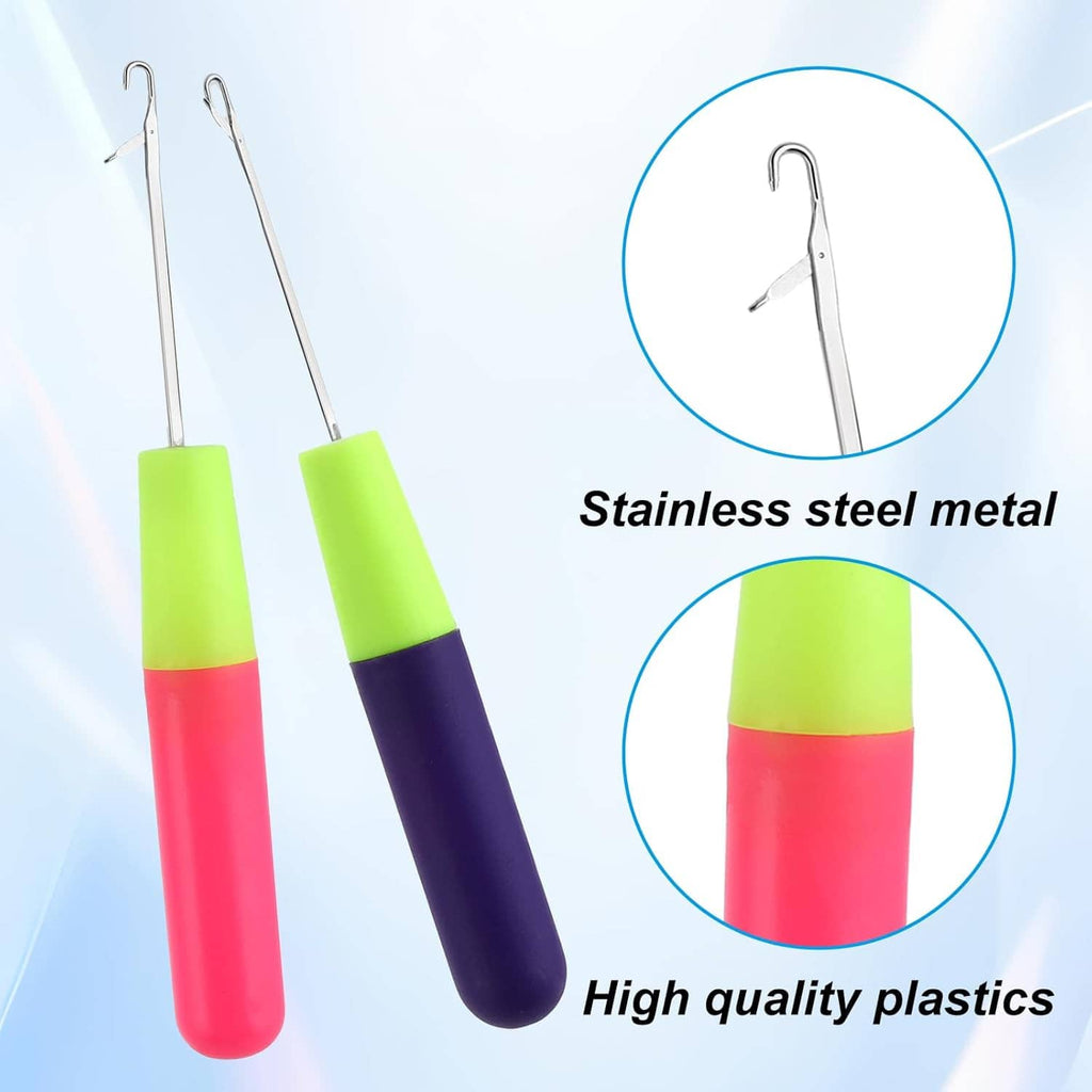 Latch hook crochet needles, neon green handles with pink and purple grips, stainless metal hooks