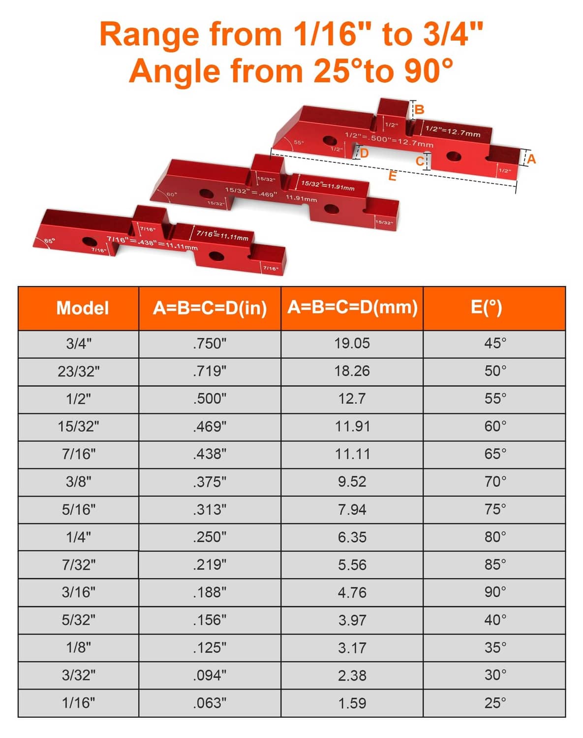 Red aluminum angle and height setup blocks with engraved measurement holes