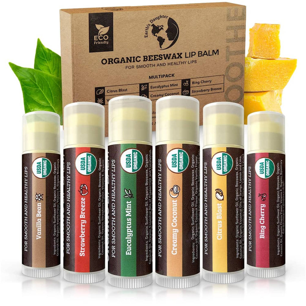 Organic beeswax lip balm six-pack with assorted flavor tubes and box