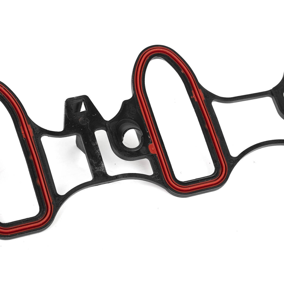 Single intake manifold gasket with red and black sealing profile and mounting tab