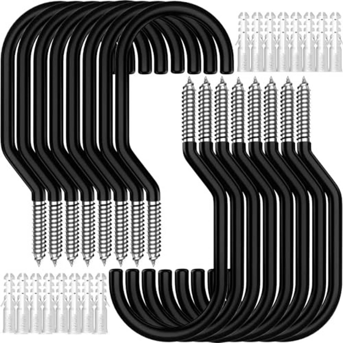 Set of black U-shaped bike hooks with long mounting screws, multi-hook rack.