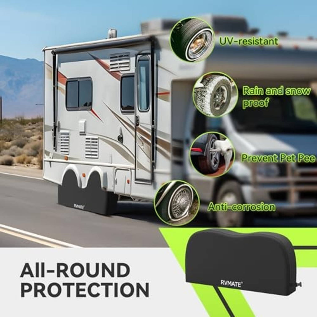 Black dual axle wheel cover designed for rain and snow protection