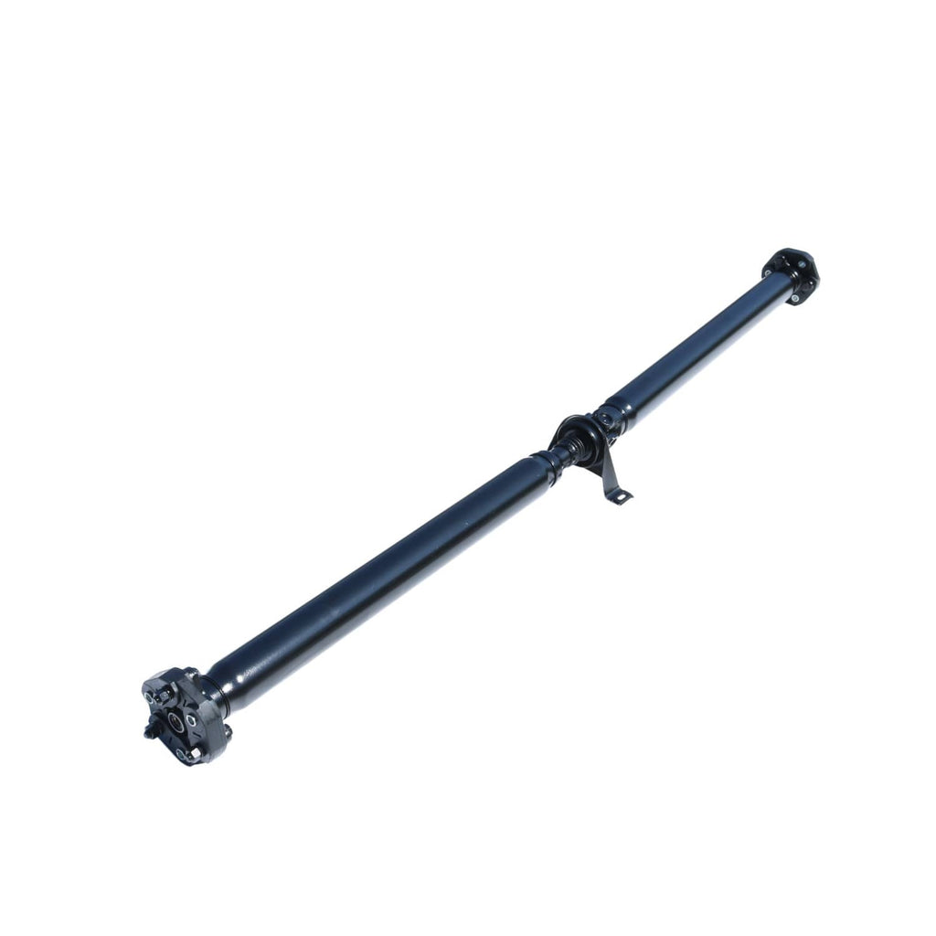 Rear drive shaft three-quarter view; dark blue tube with end yoke assemblies.