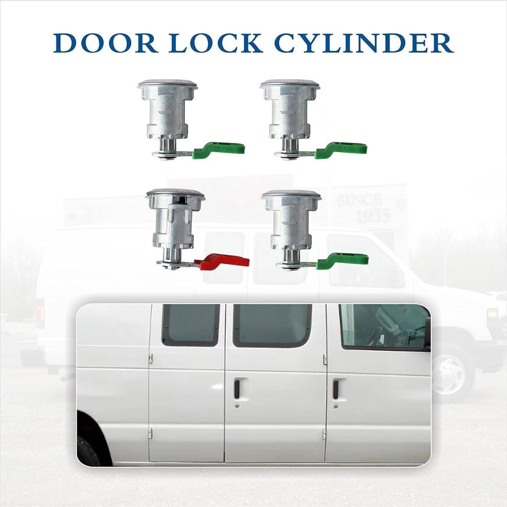 Door lock cylinder set with four lock cylinders and green, red, and black tabs