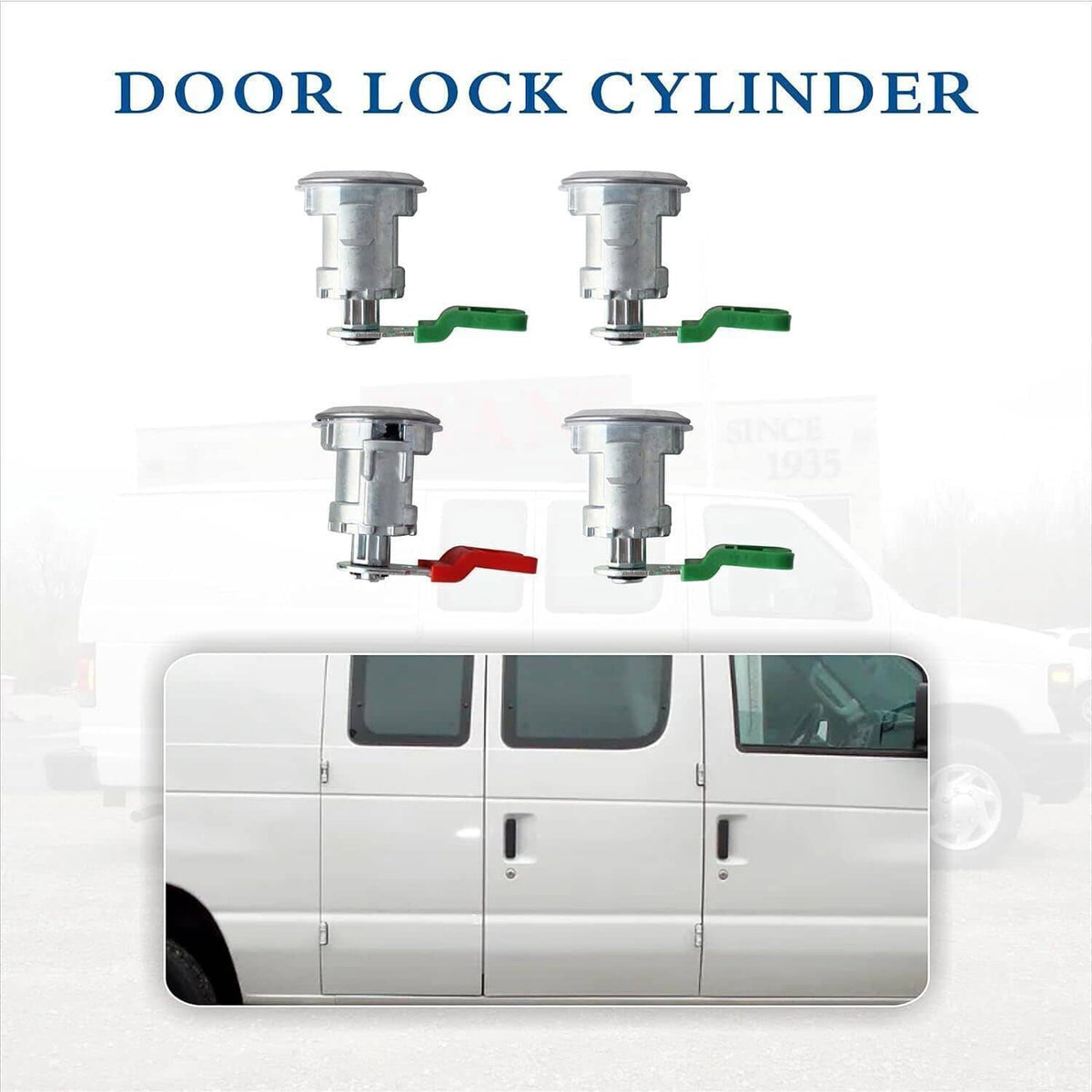 Door lock cylinder set with four lock cylinders and green, red, and black tabs