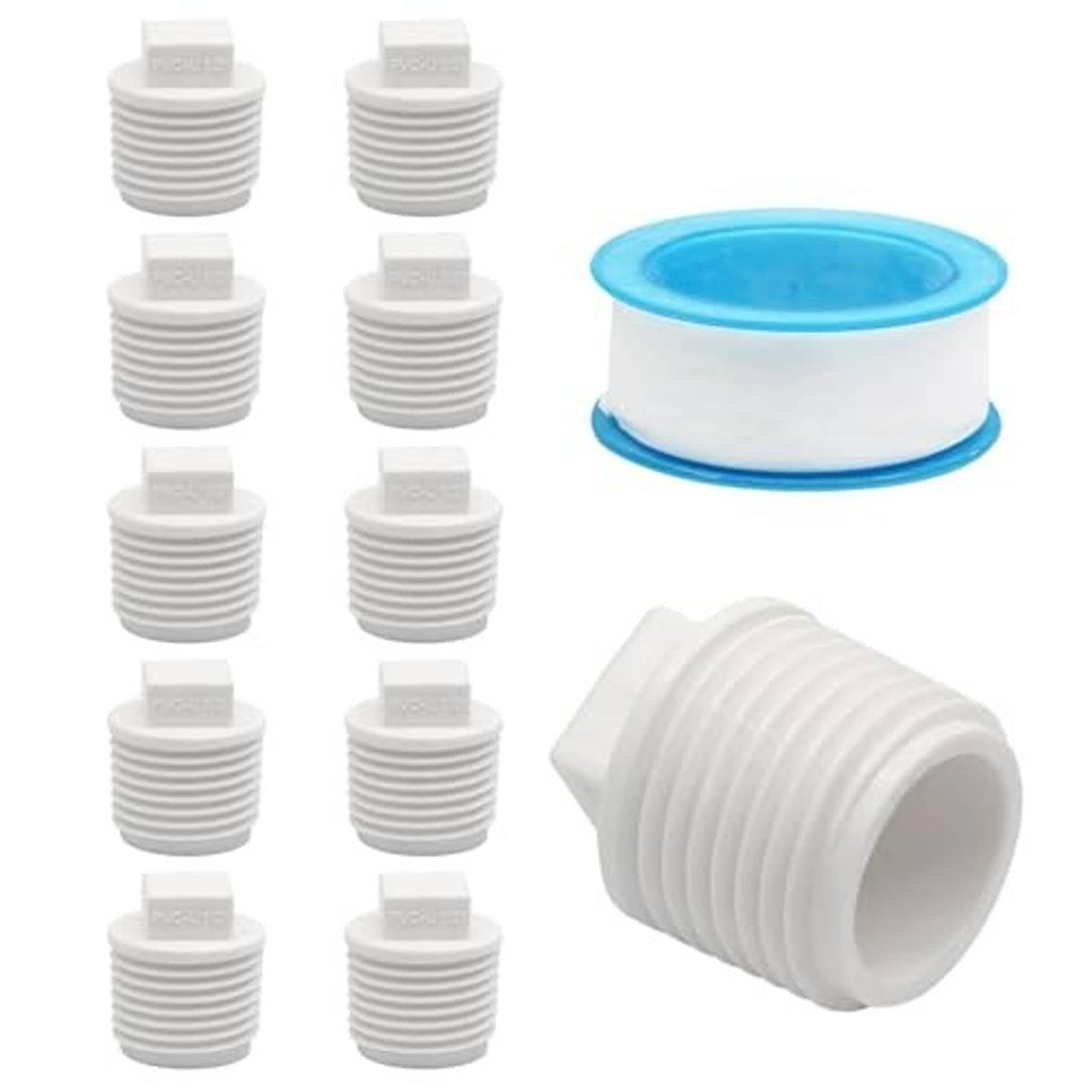 White PVC male threaded cleanout end cap plugs, 1/2 inch, assorted pack with one loose
