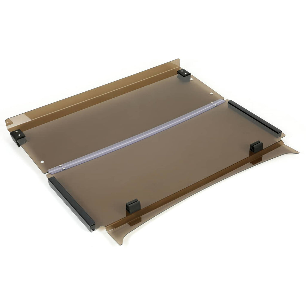 Tinted folding down windshield with silver crossbar and side mounting tabs