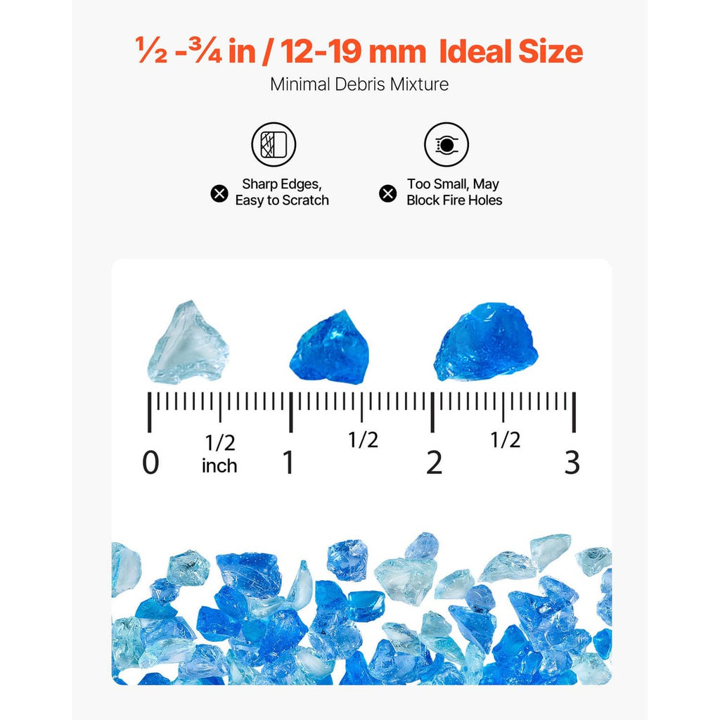 Blue fire pit glass rocks with ruler showing about 1/2 to 3/4 inch size
