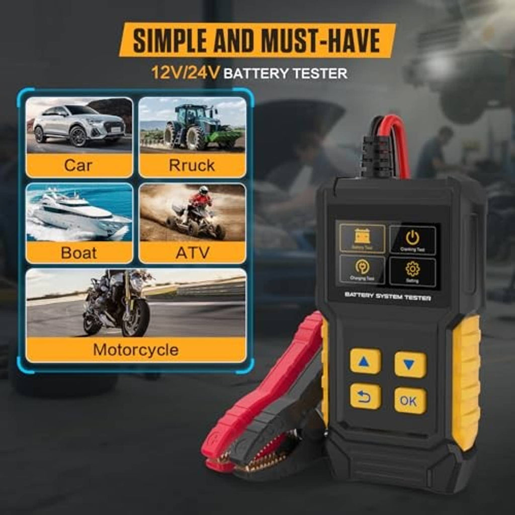 12V/24V battery tester with red clamp and digital display