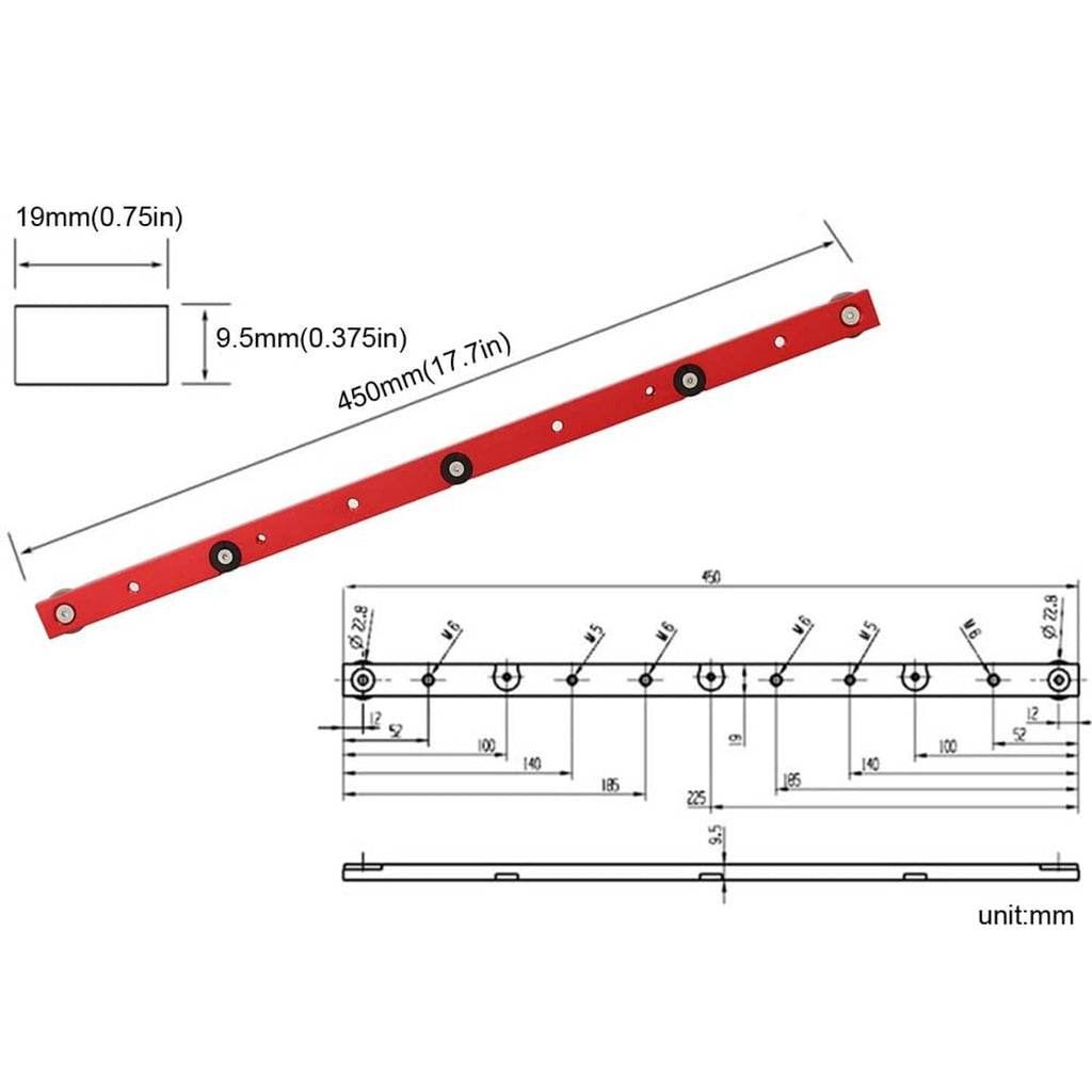 Red miter bar clamp with measurement diagram, bolt holes, and adjustment slots