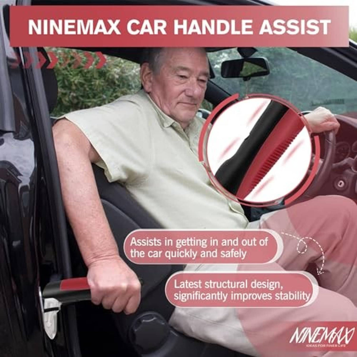 Red and black car door assist handle on an open vehicle door for safe entry and exit