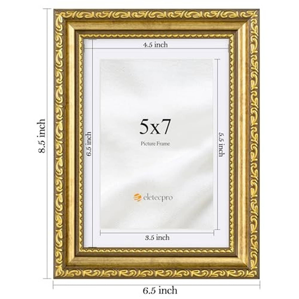 Gold ornate picture frame, 5x7 size with dimensions shown