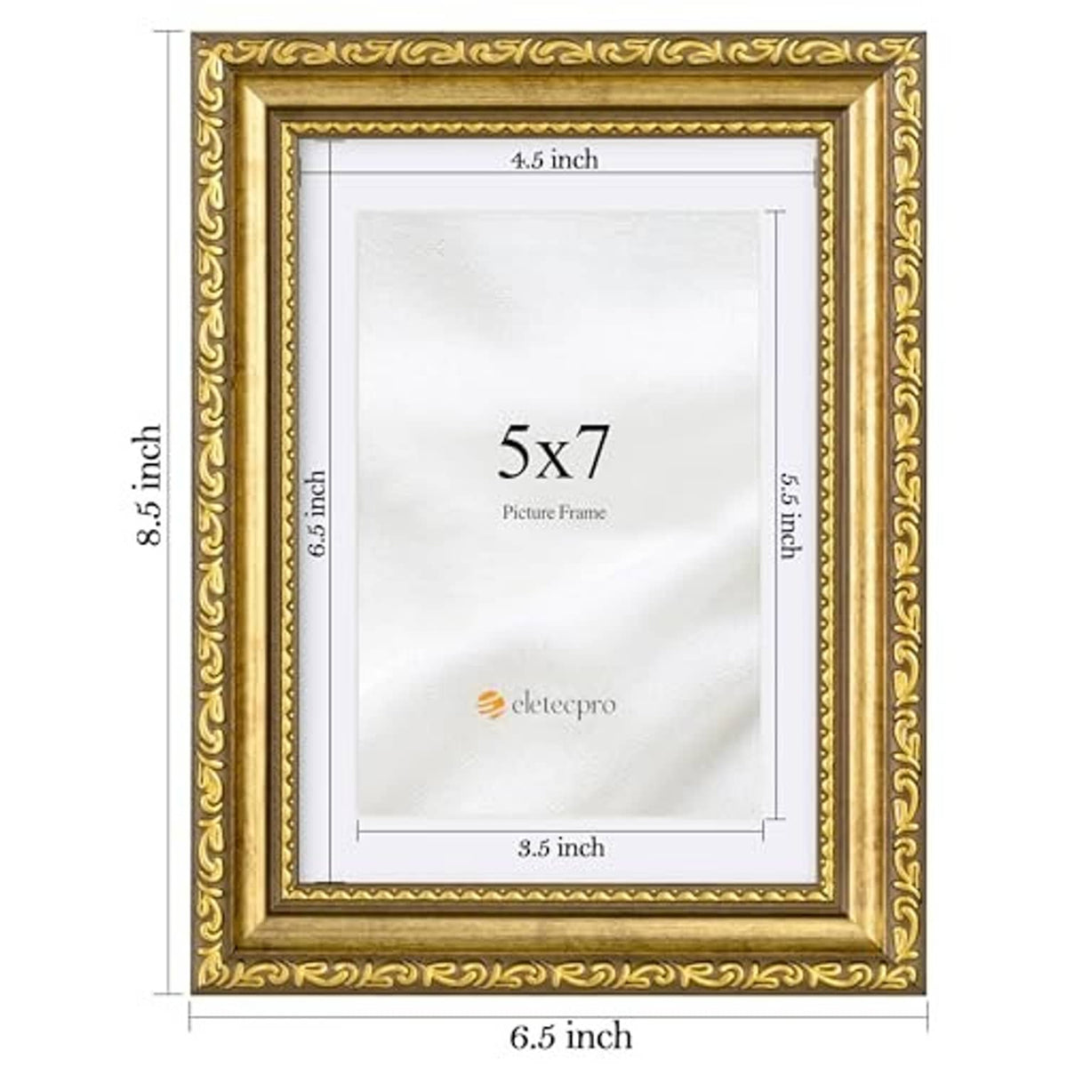 Gold ornate picture frame, 5x7 size with dimensions shown