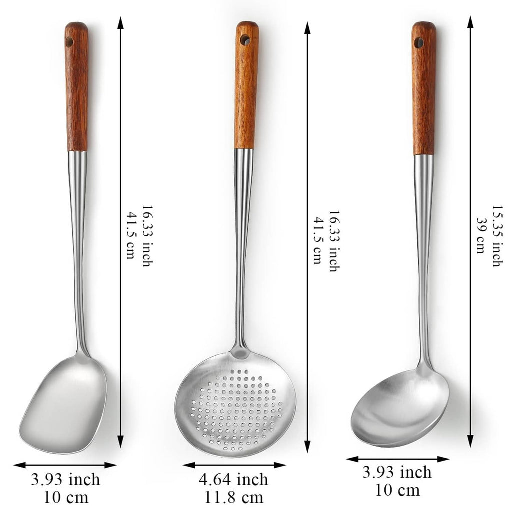 Three-piece utensil set with stainless heads and dark wood handles, length shown
