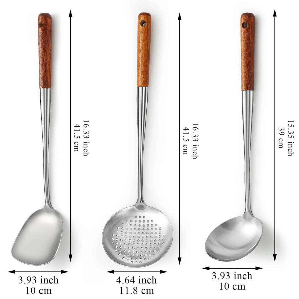 Three-piece utensil set with stainless heads and dark wood handles, length shown
