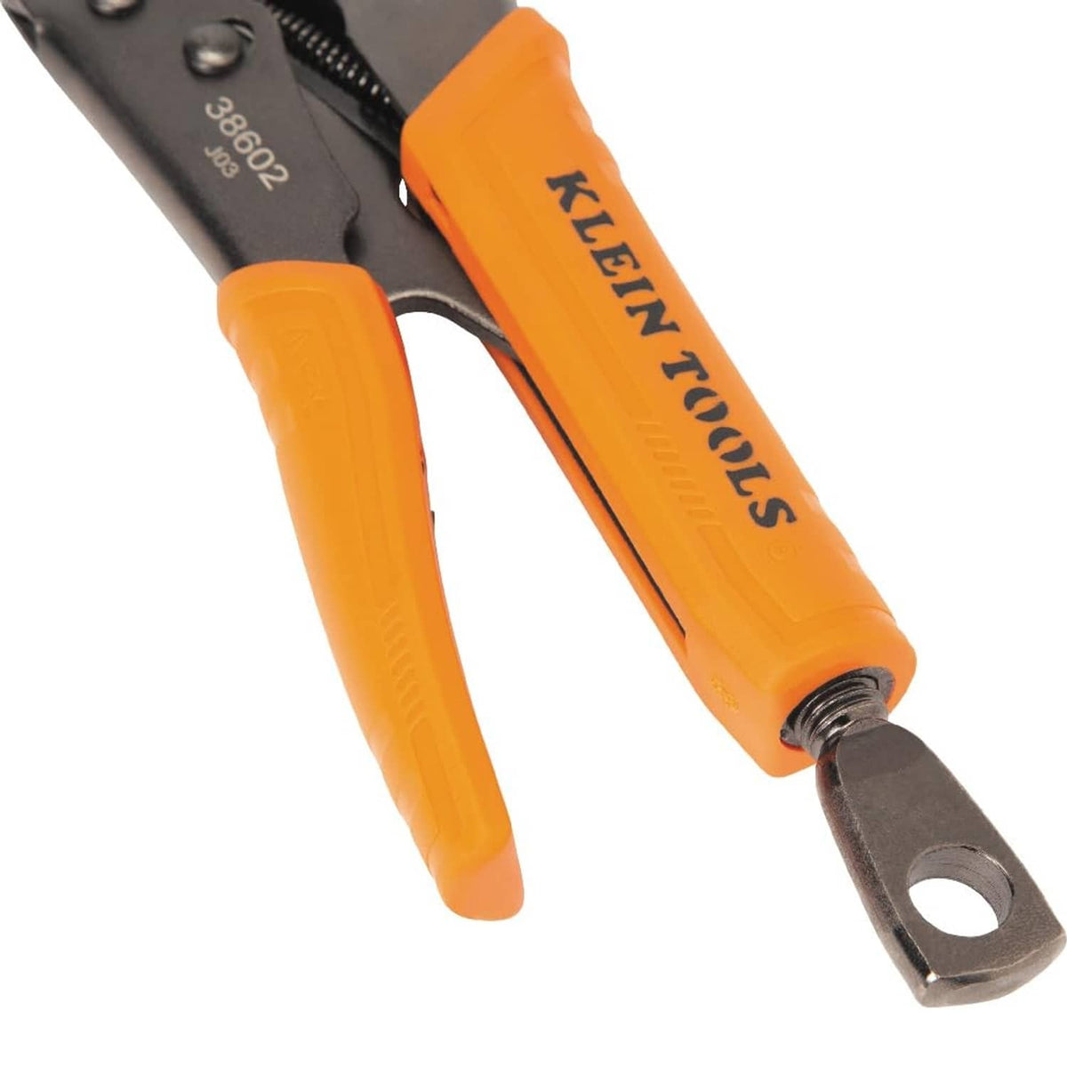 Orange handle locking pliers with black jaw end and mounting hole