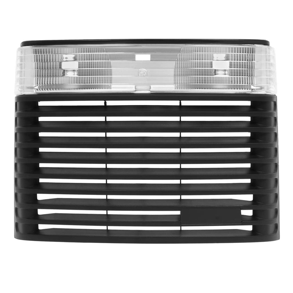 Front hood grille with headlight lens, wide rectangular black grille with clear lens