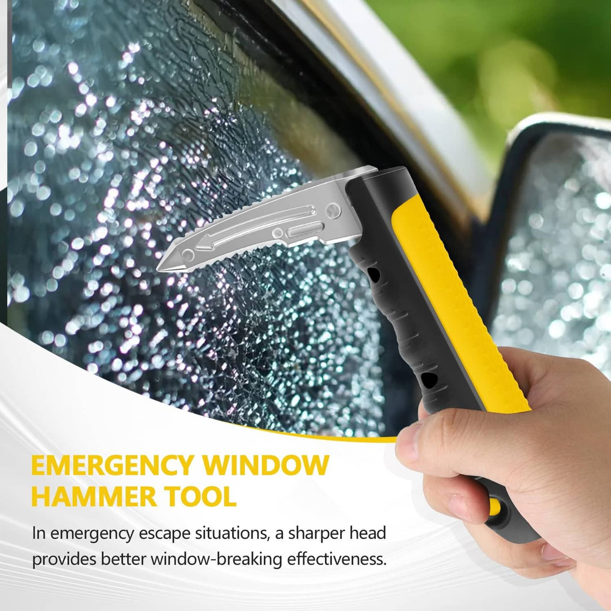 Emergency window hammer tool with yellow grip and black handle for break-in use