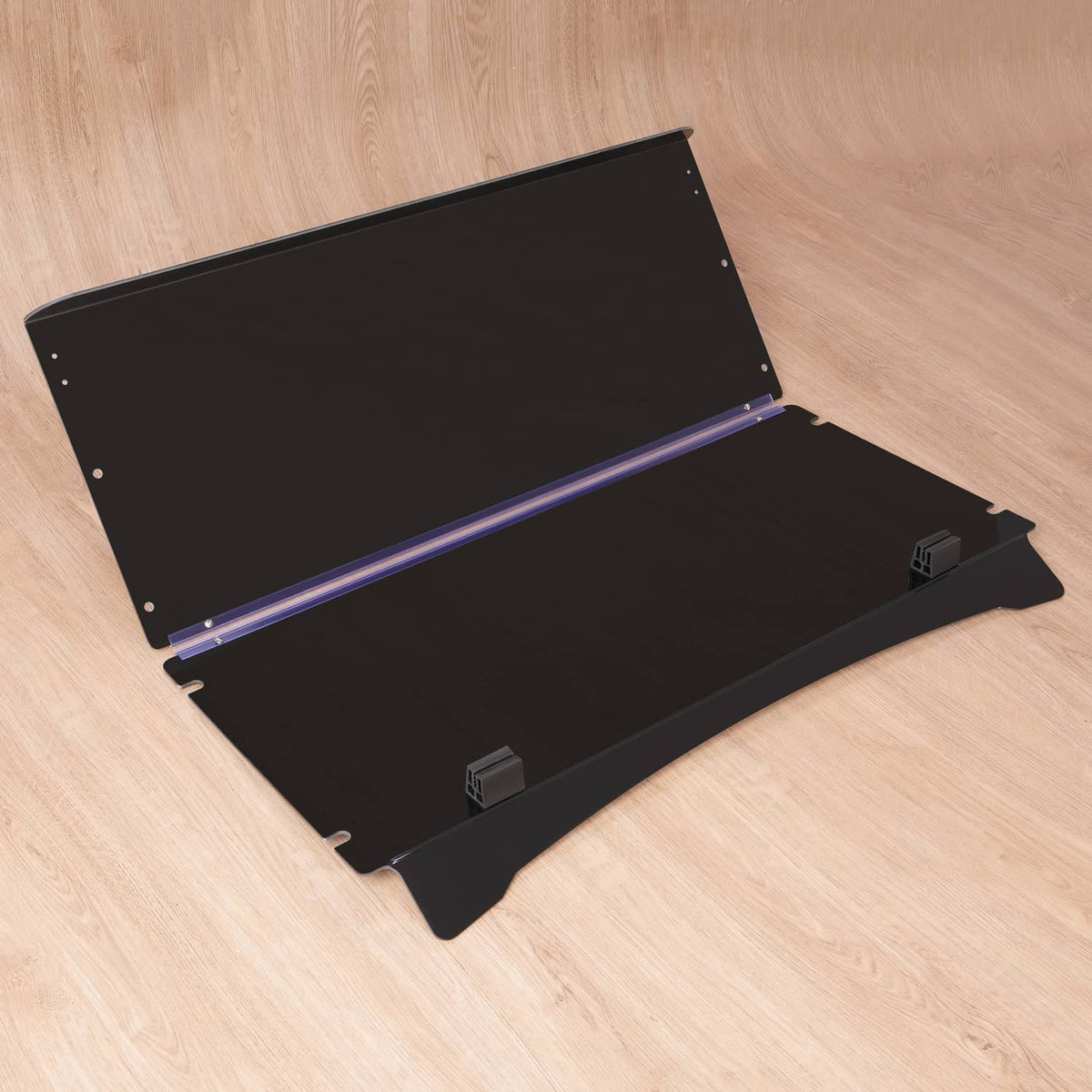 Folded tinted windscreen with purple hinge bar, black panel and base supports