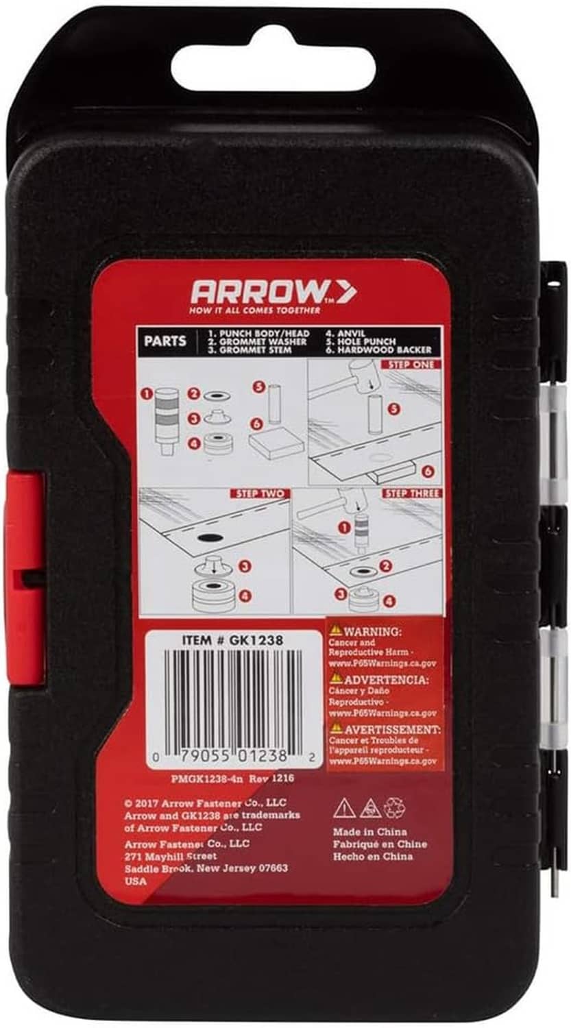 Grommet tool kit back label on black case with red side release tab