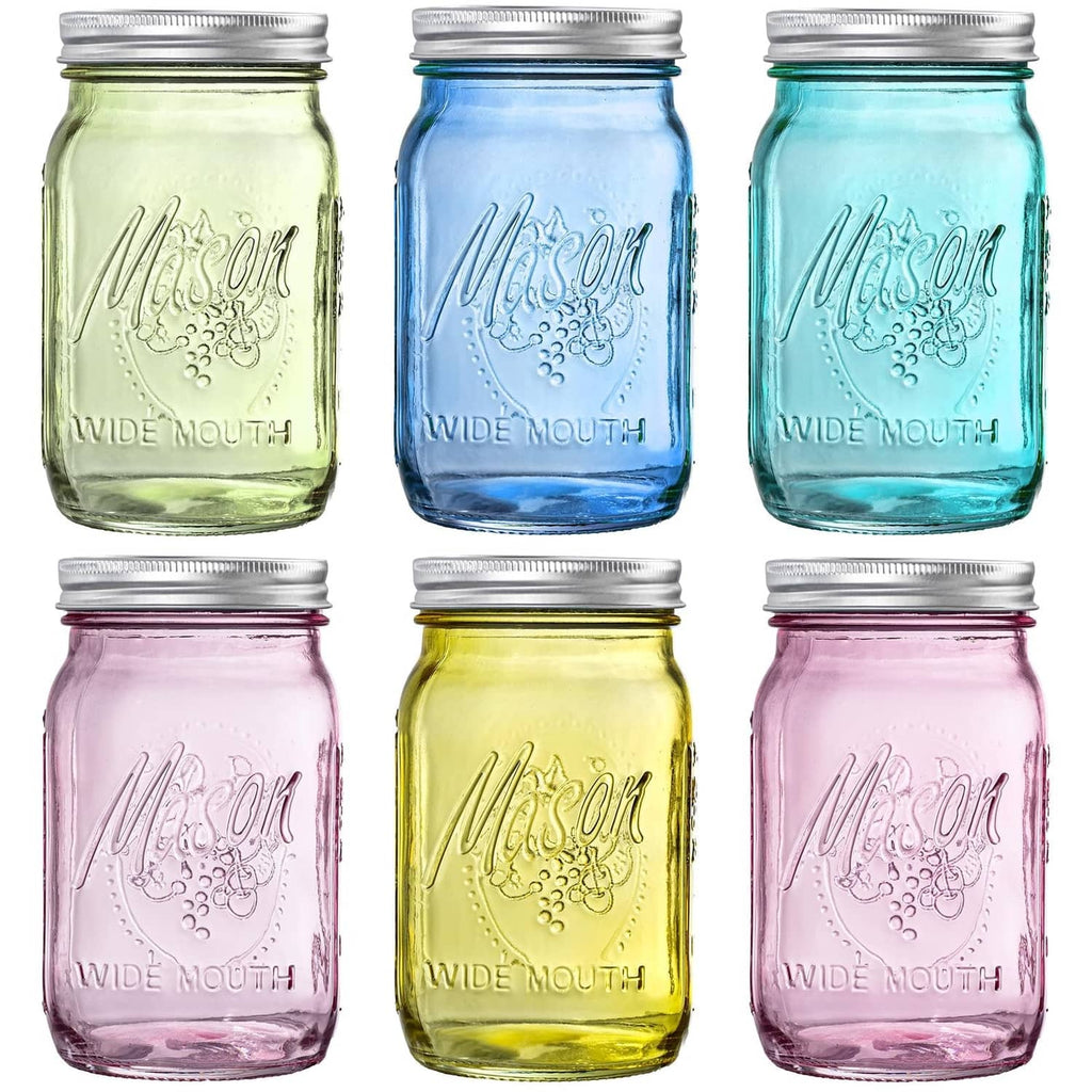 Set of 6 wide-mouth colored mason jars in green, blue, teal, purple, and yellow glass.
