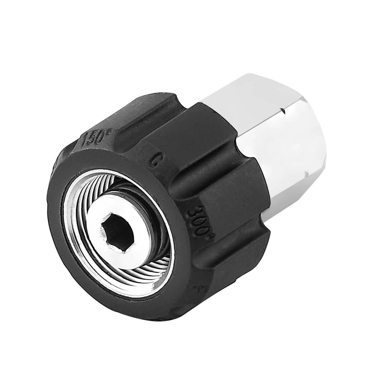 Pressure washer adapter fitting with black body and silver threaded inlet