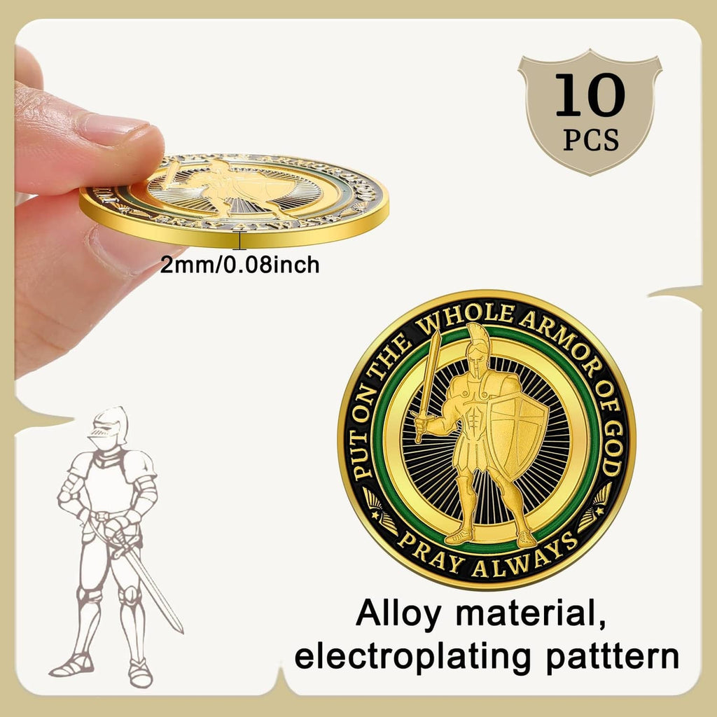 Hand holding round gold-tone prayer coin with helmet emblem and Pray Always