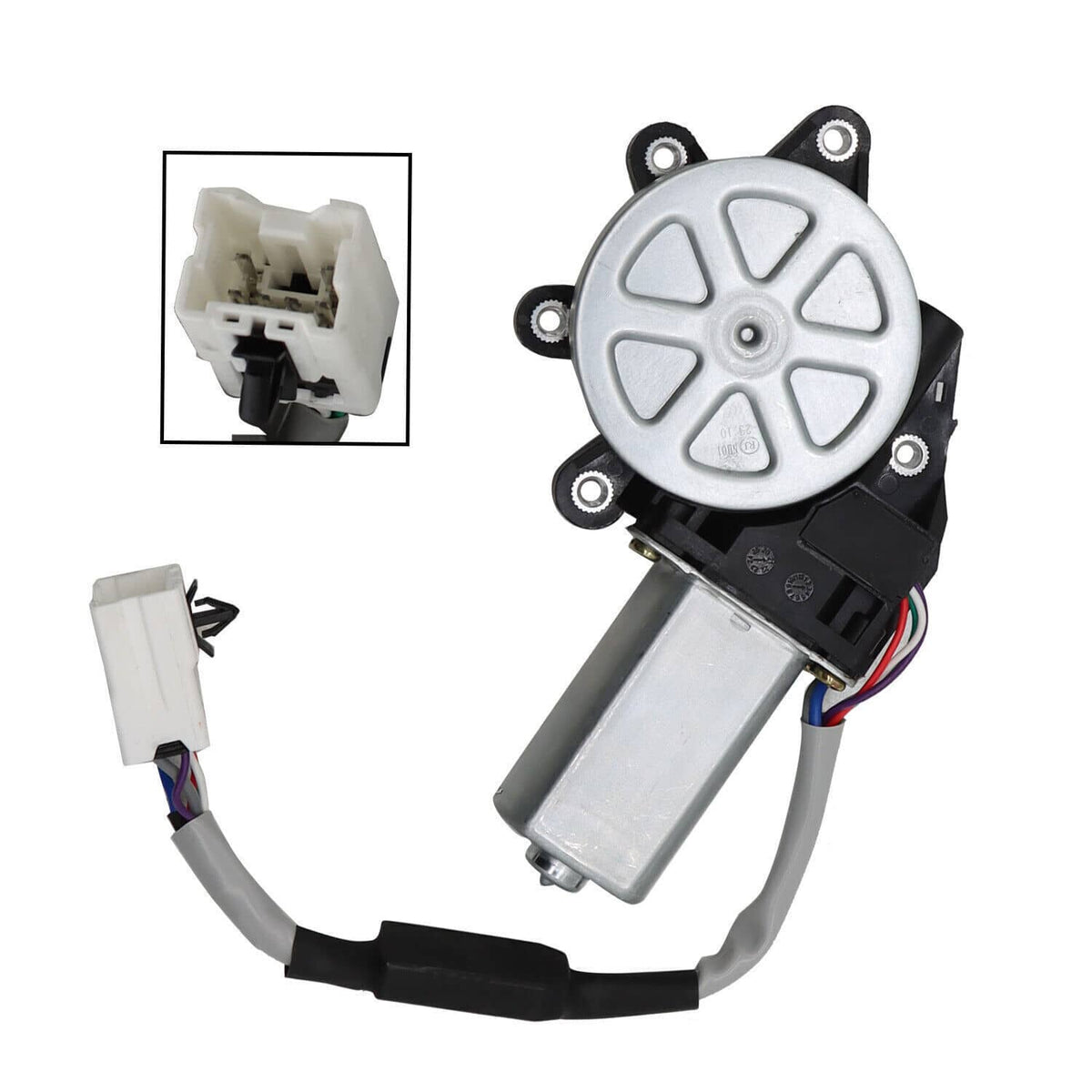 Window lift motor assembly with white connector plug and mounting brackets