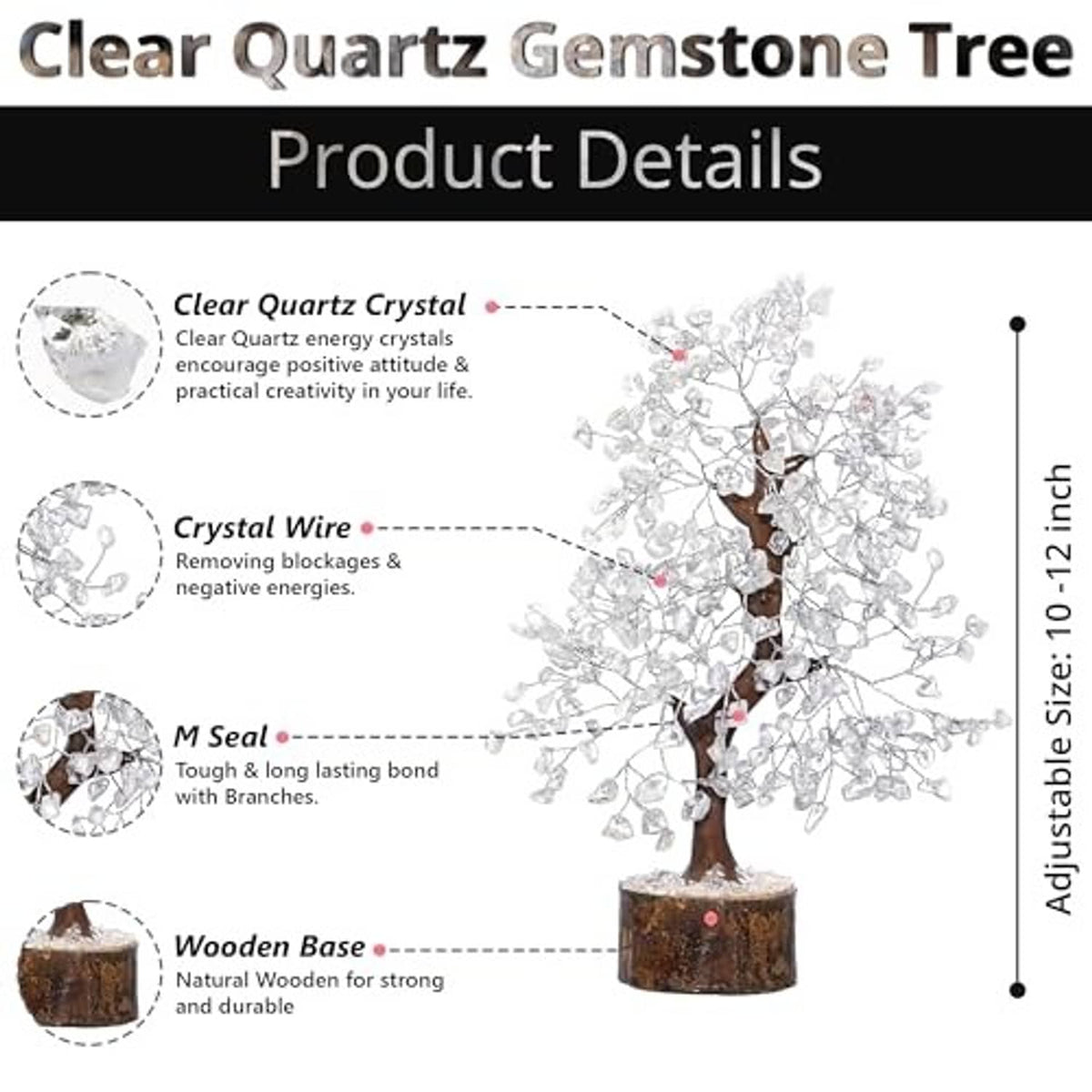Clear quartz gemstone tree on a round wooden base, full branch silhouette