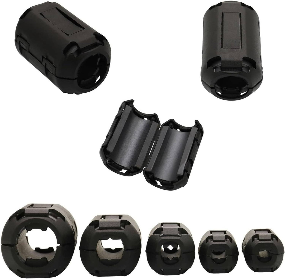 Black clip-on ferrite ring cores, open and closed views with inner ridges