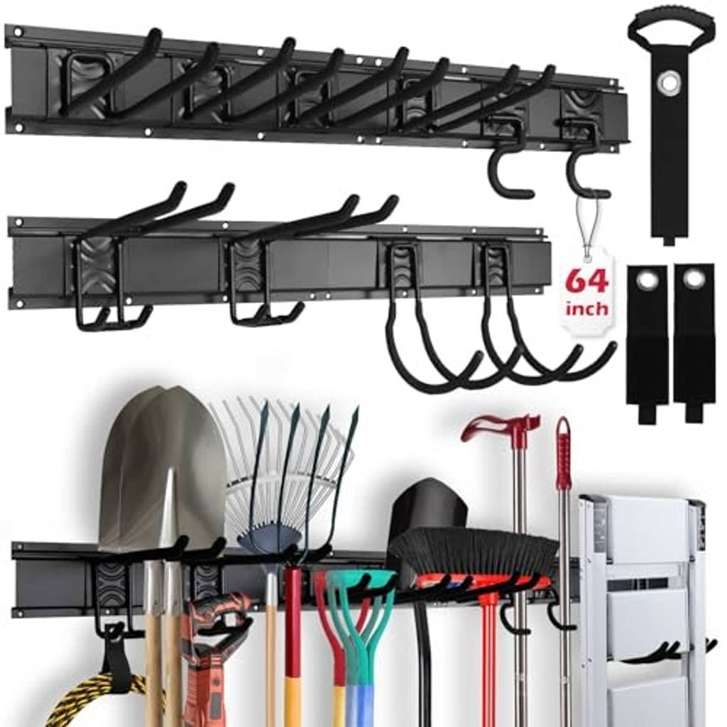 Black double-row garage wall organizer rail with hooks and included wall mounting hardware