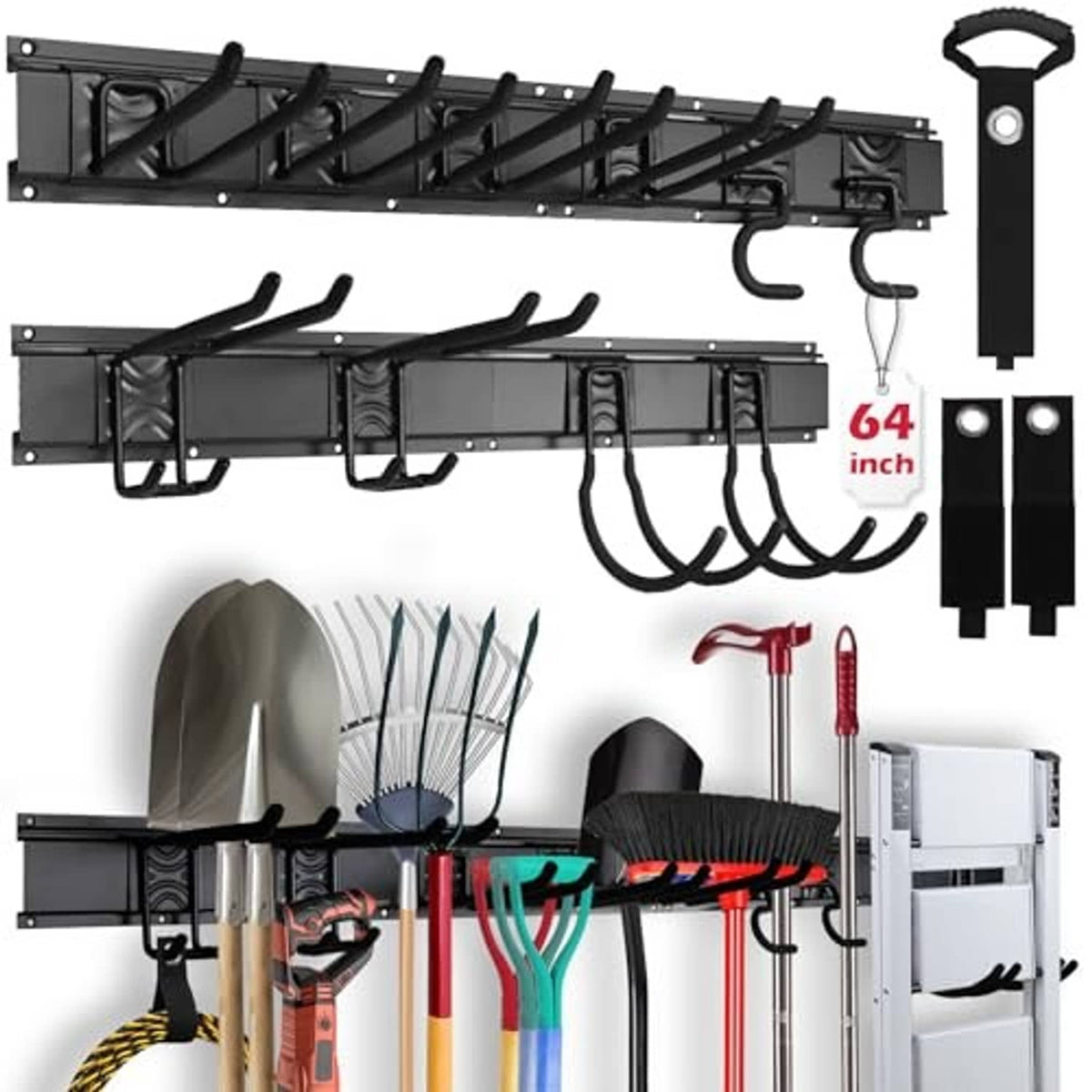 Black double-row garage wall organizer rail with hooks and included wall mounting hardware
