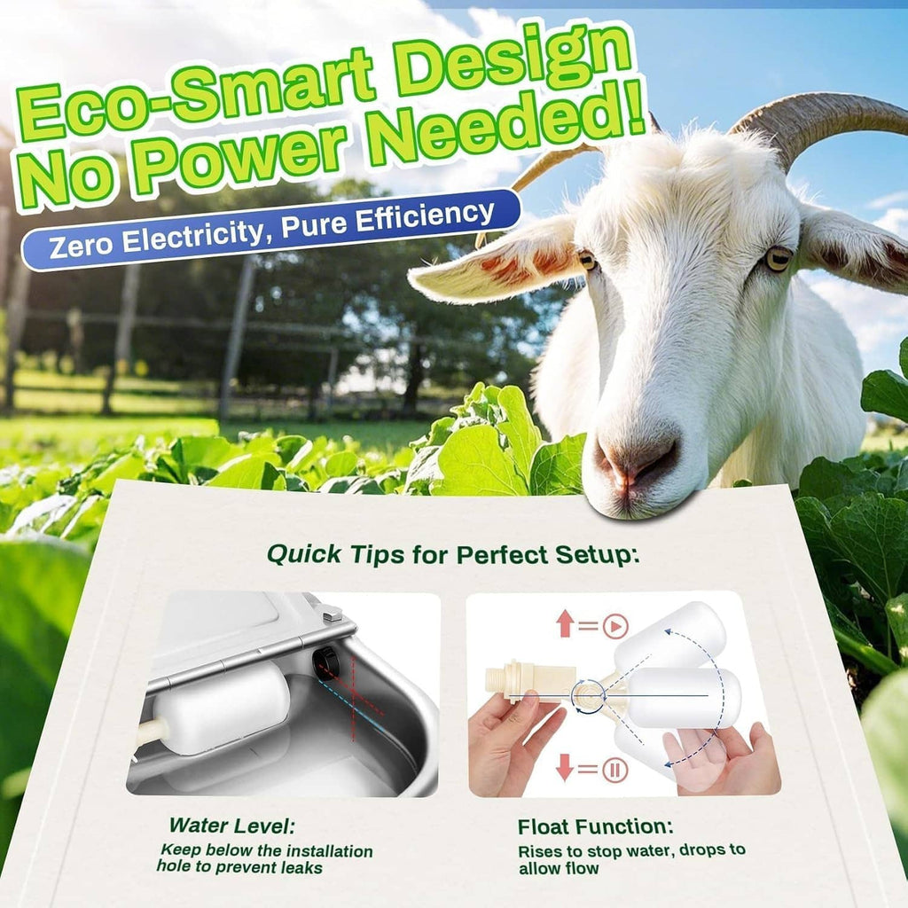 No-power automatic water bowl with float mechanism and connection fittings for setup