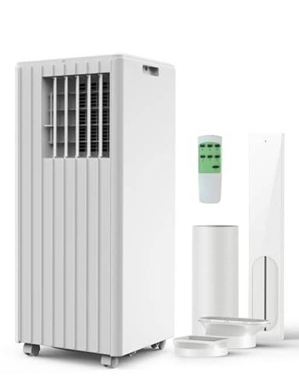 White portable air conditioner unit with front grille and included exhaust hose kit pieces