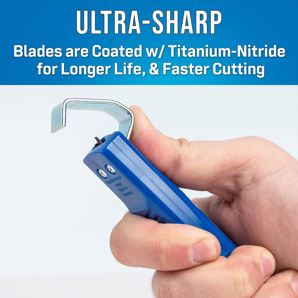 Blue hand tool with U-shaped metal blade and adjustable head, held in hand