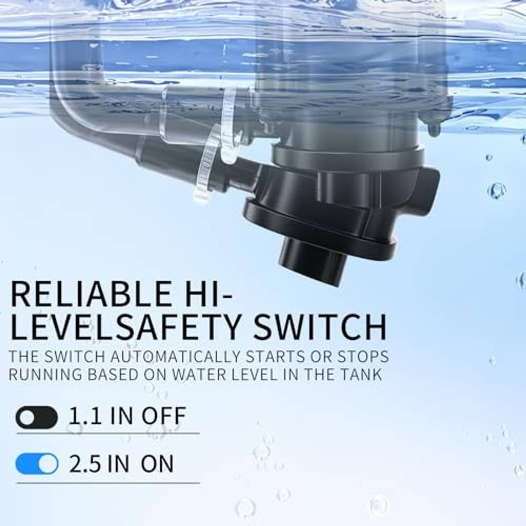 Black safety switch and outlet fitting of a condensate pump under water spray.