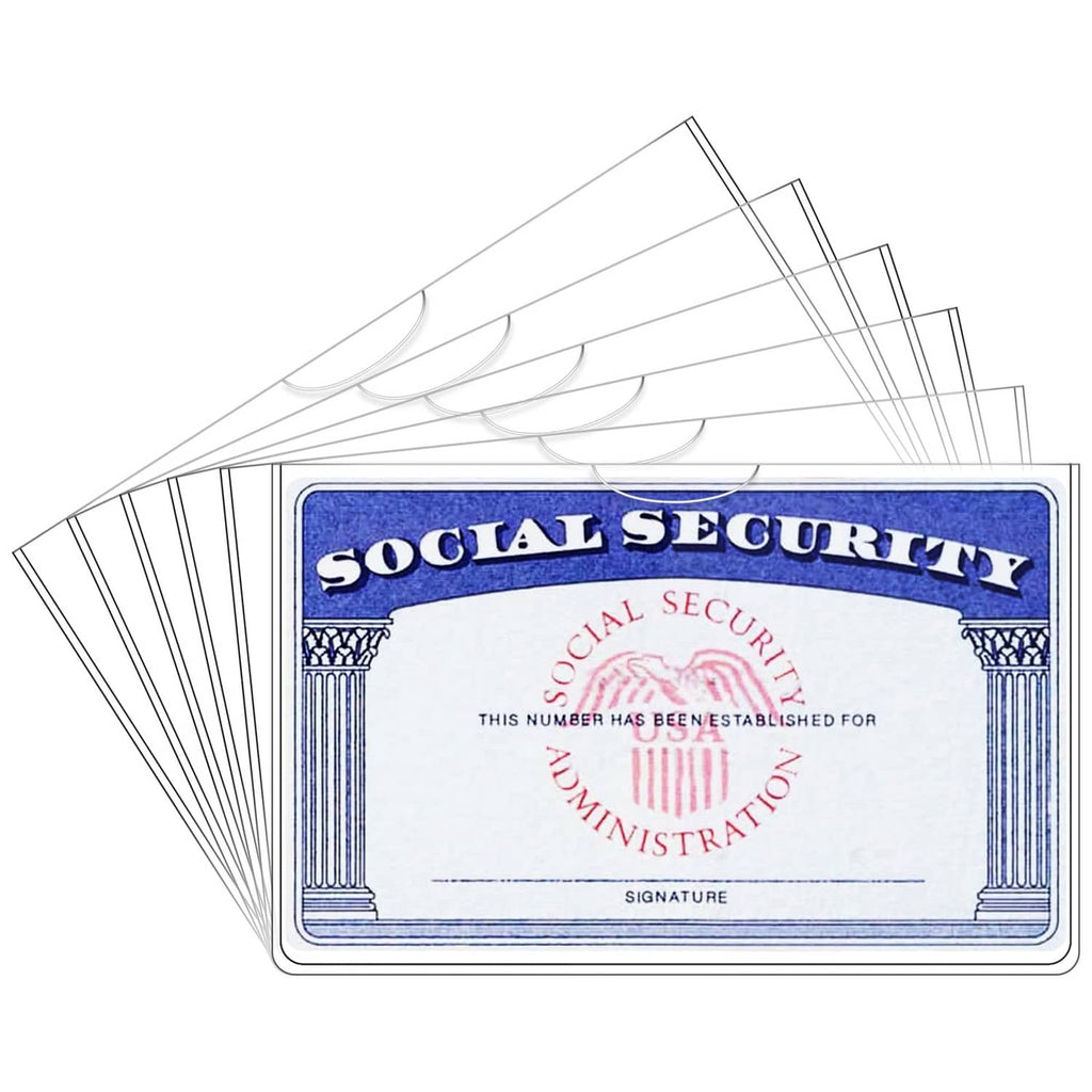Clear card protectors (Social Security) in a stacked set, showing transparent sleeves