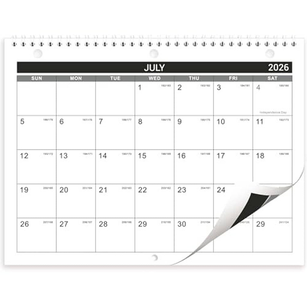 July 2026 wall calendar page with curled corner, spiral-bound monthly grid