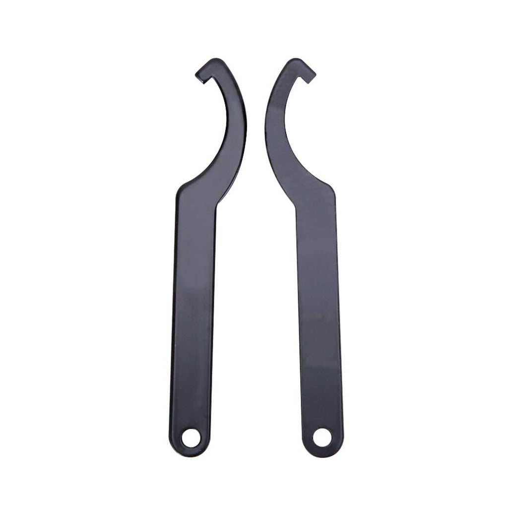 Pair of dark gray C-spanner hook wrenches with round end holes
