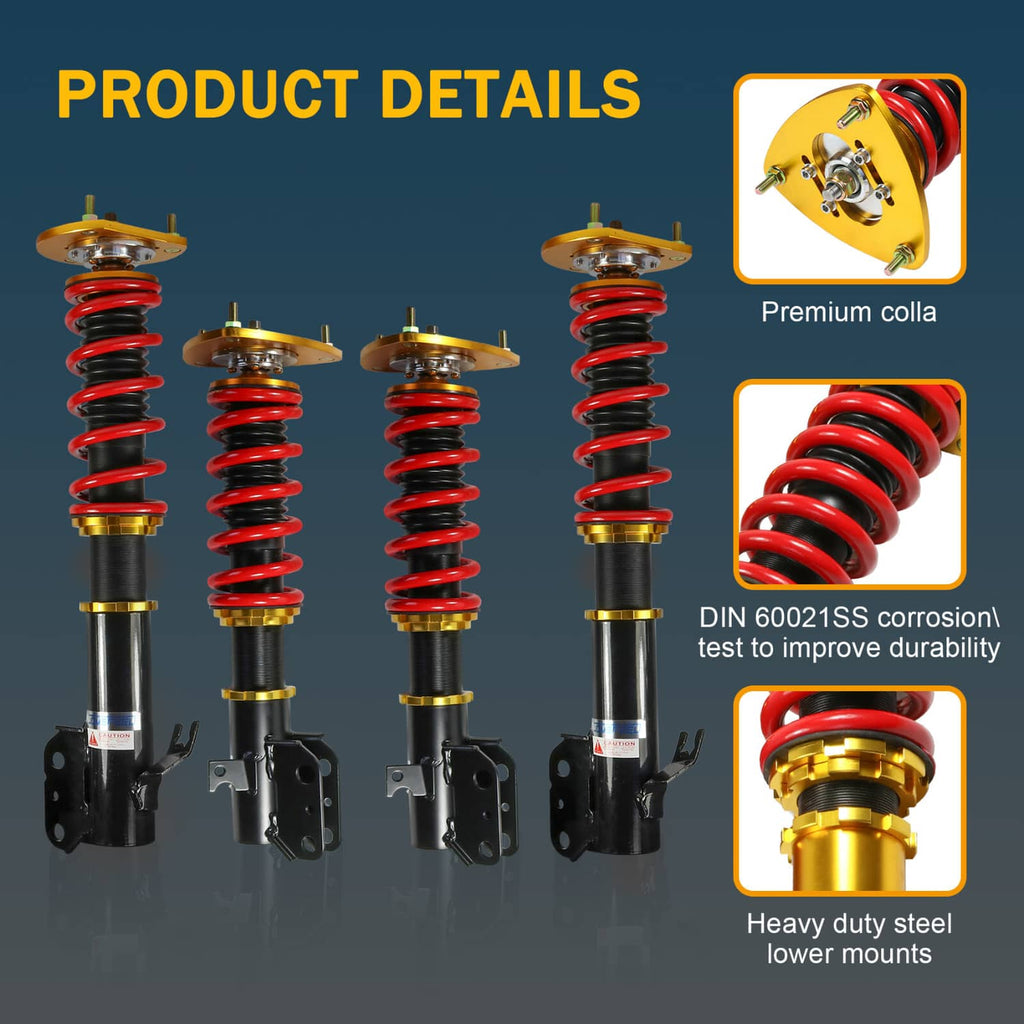 Coilover strut set with red coil springs, gold top plates, and black lower mounts