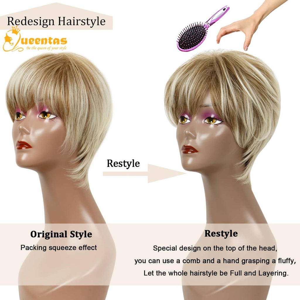 Short blonde pixie wig with layered bob-style cut and wispy fringe bangs