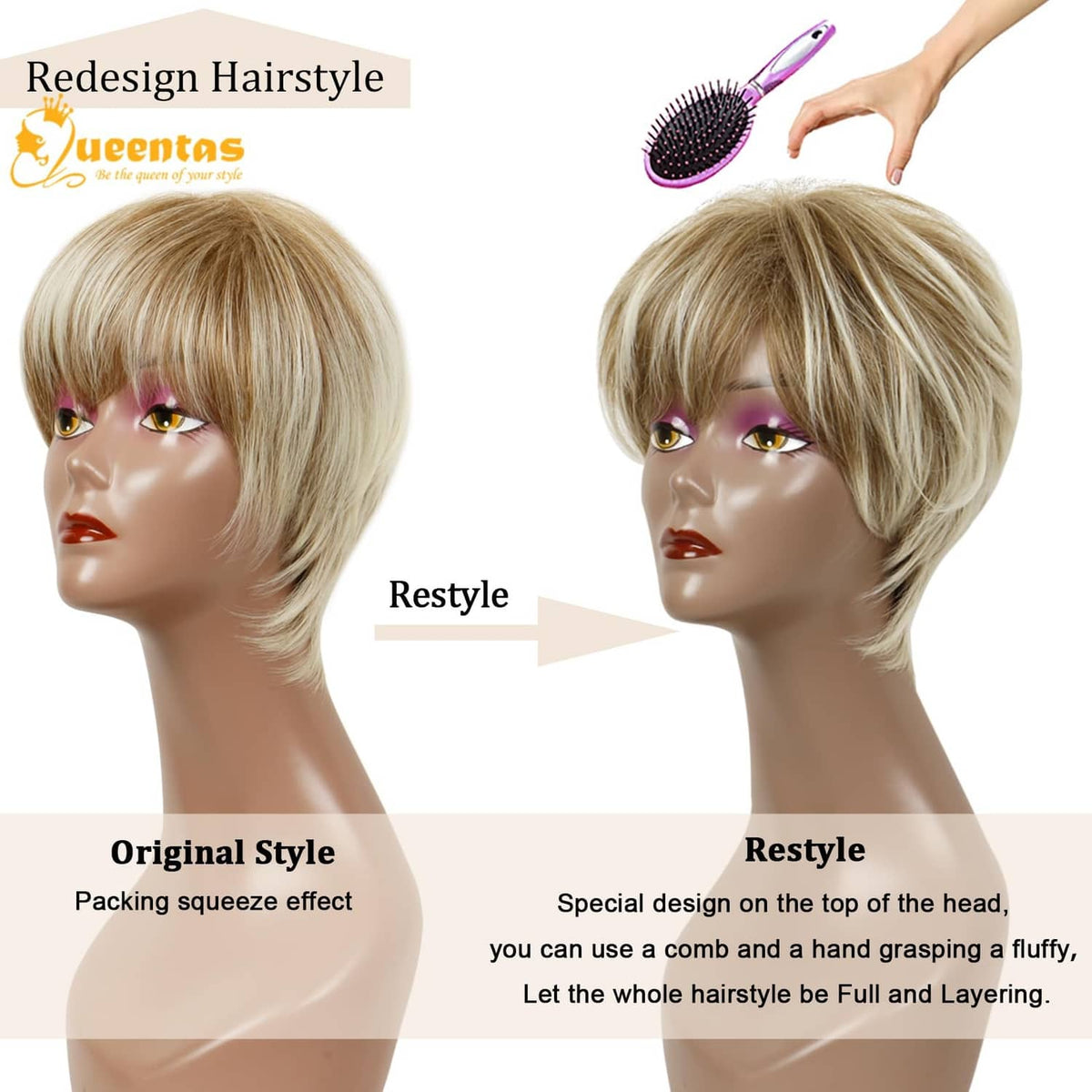 Short blonde pixie wig with layered bob-style cut and wispy fringe bangs