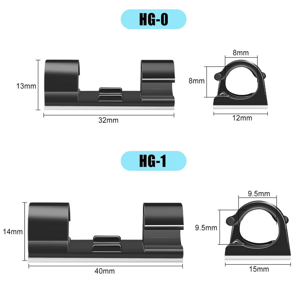 Black medium cable clip set shown with size diagrams for wire routing