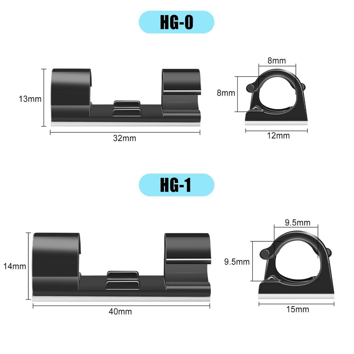 Black medium cable clip set shown with size diagrams for wire routing