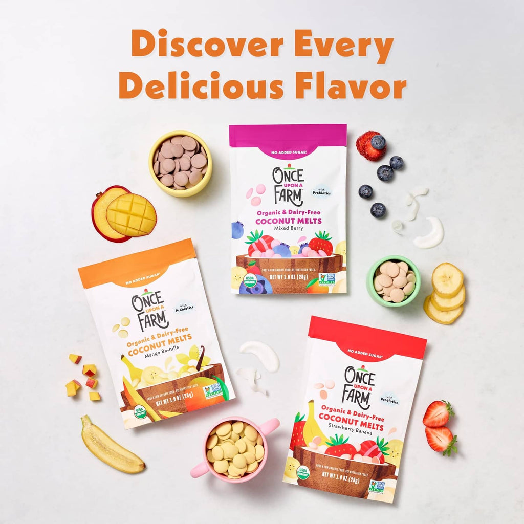 Assorted organic coconut melts pouches with fruit ingredients and flavor graphics on a flat lay