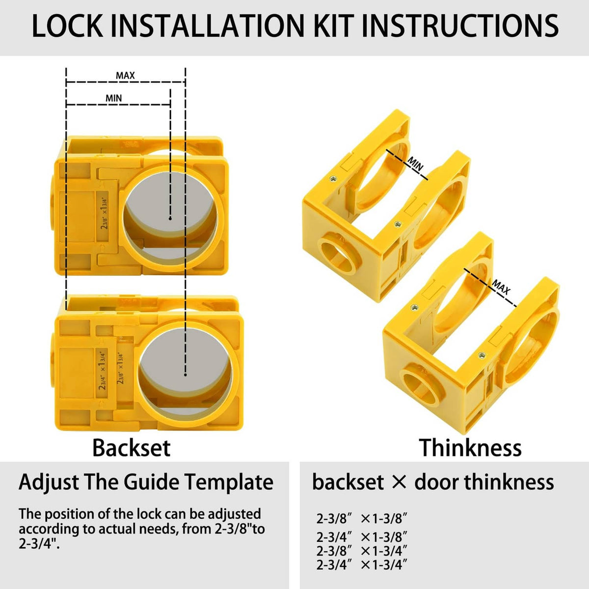 Lock installation guide template with adjustable backset and door thickness settings