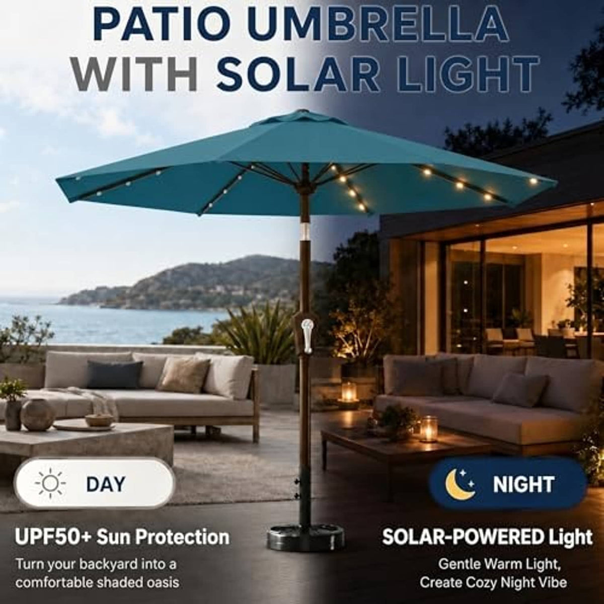 Teal patio umbrella with solar-powered string lights over outdoor seating