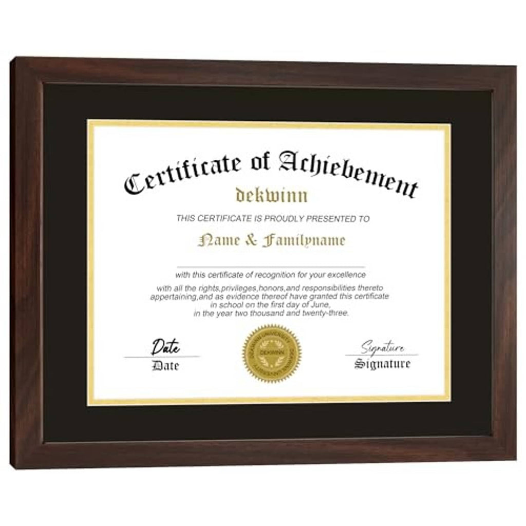 Walnut picture frame with black mat and gold trim, showing an achievement certificate
