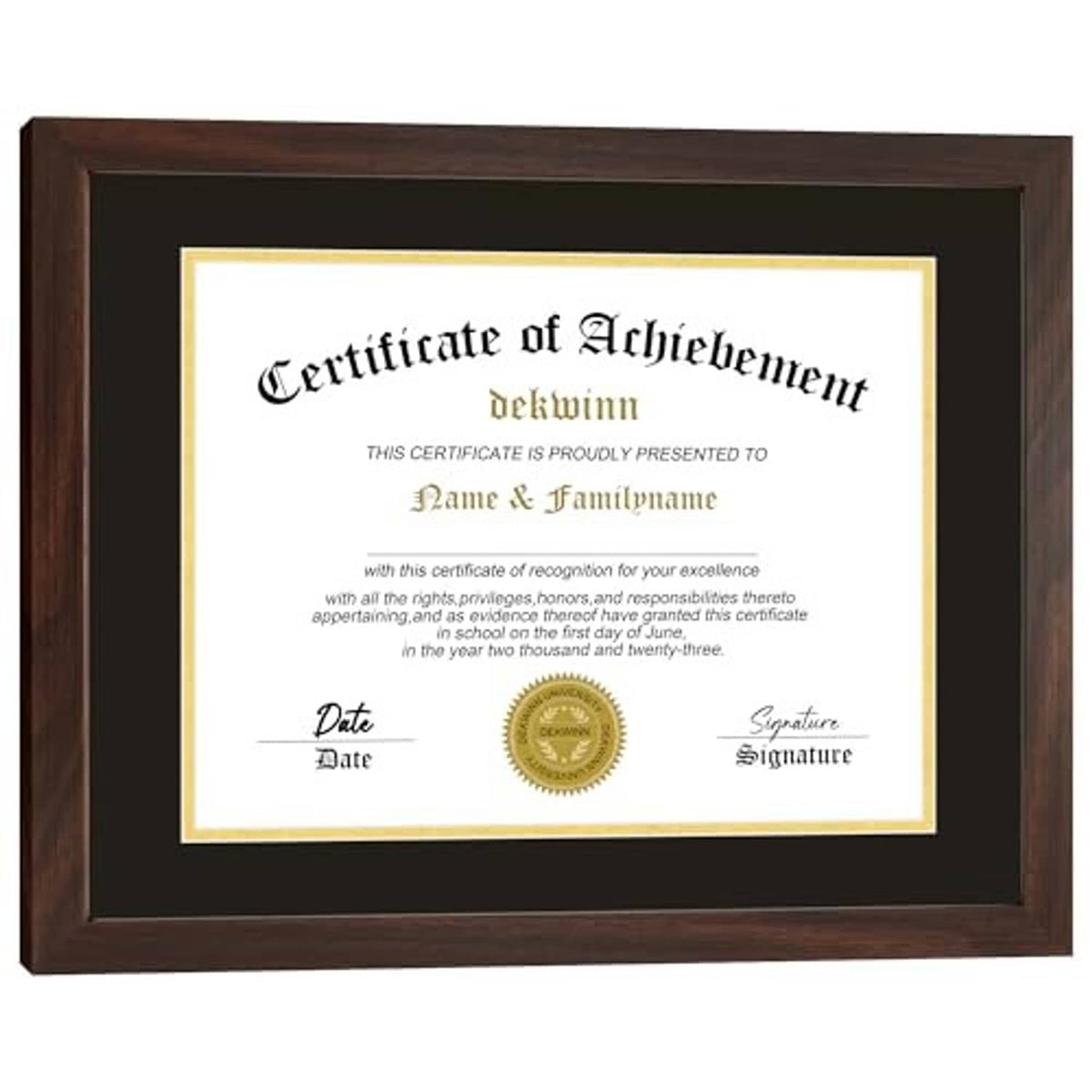 Walnut picture frame with black mat and gold trim, showing an achievement certificate